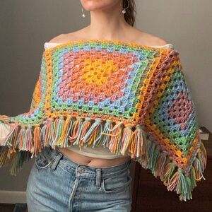 Handmade Colorful Crochet Fringe Poncho - 70's vibe